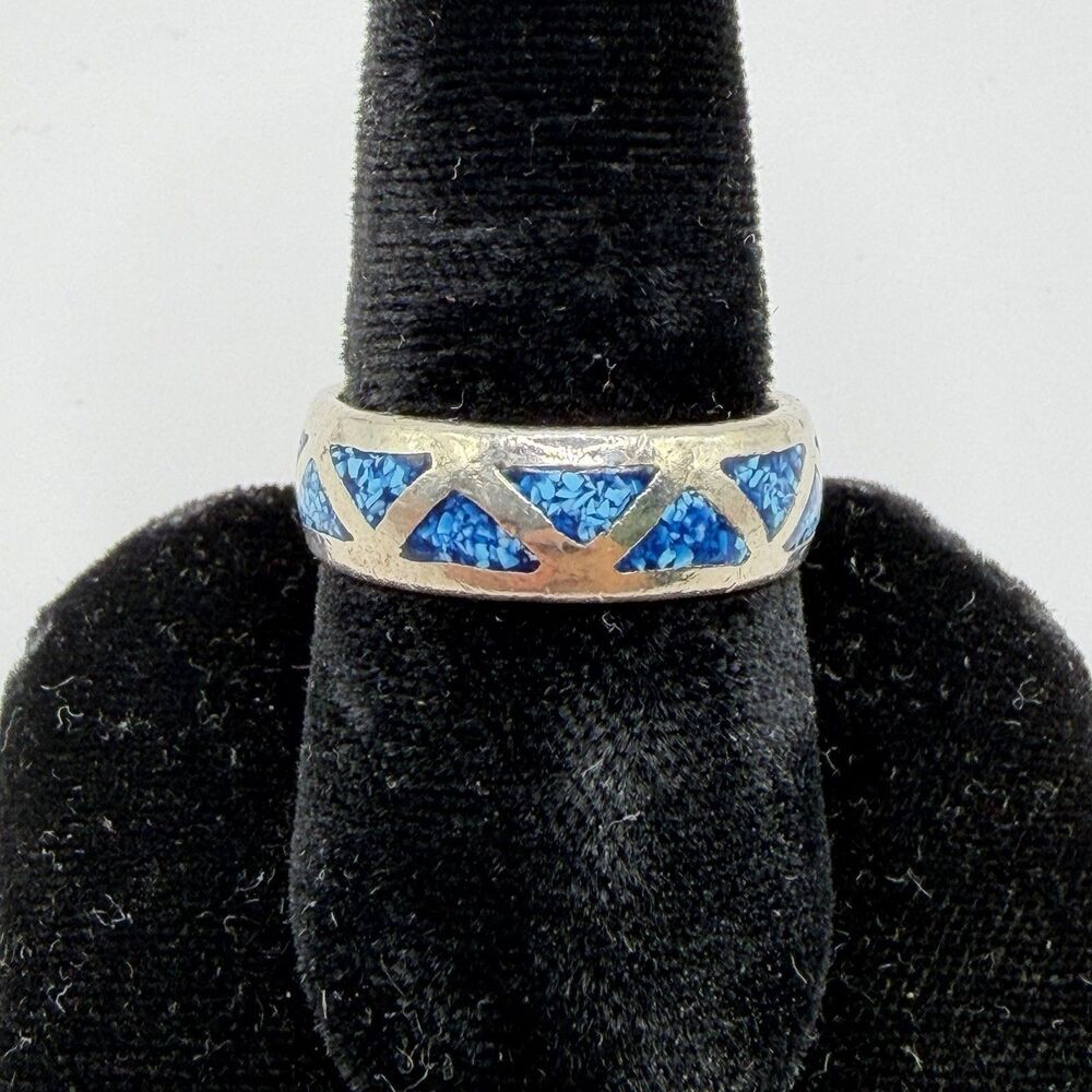 925 Sterling Silver Blue Turquoise Chip Inlay Band Ring Size 8.5
